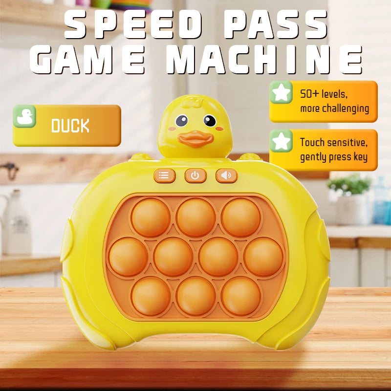 A yellow Pop It game machine shaped like a duck, ready for play.