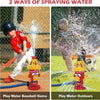 Two ways of spraying water showing a baseball game and outdoor play with a fire hydrant water sprinkler toy