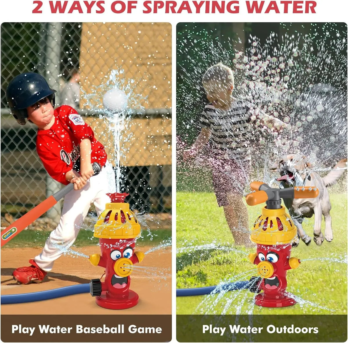 Two ways of spraying water showing a baseball game and outdoor play with a fire hydrant water sprinkler toy