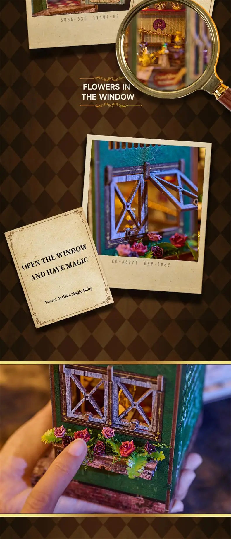 A close-up of a miniature wooden window frame with floral accents, used as part of a dollhouse or shelf décor kit.