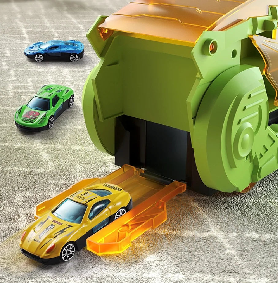 A green dinosaur toy with an orange sliding car attached, demonstrating inertia and storage features.