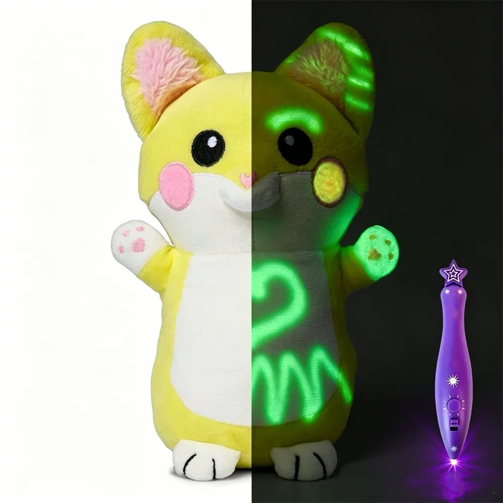 A plush doll split vertically, showing a yellow side and a green glowing side, with a purple light effect below.
