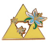 A gold triangular enamel pin brooch featuring a green and blue flower design.