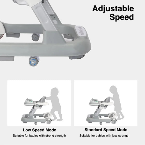 A gray adjustable speed toddler activity walker shown in different modes for babies.