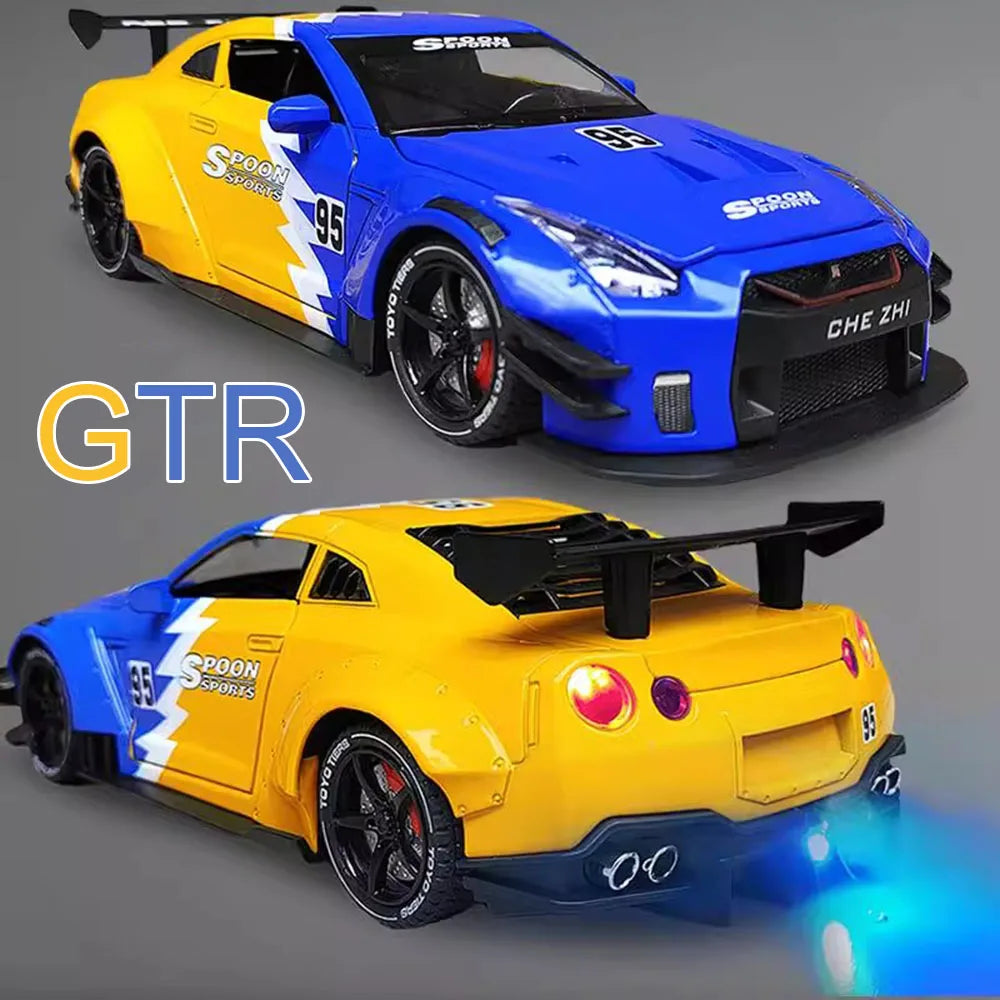 A blue 1:24 scale diecast GTR sports car model with lights and sound