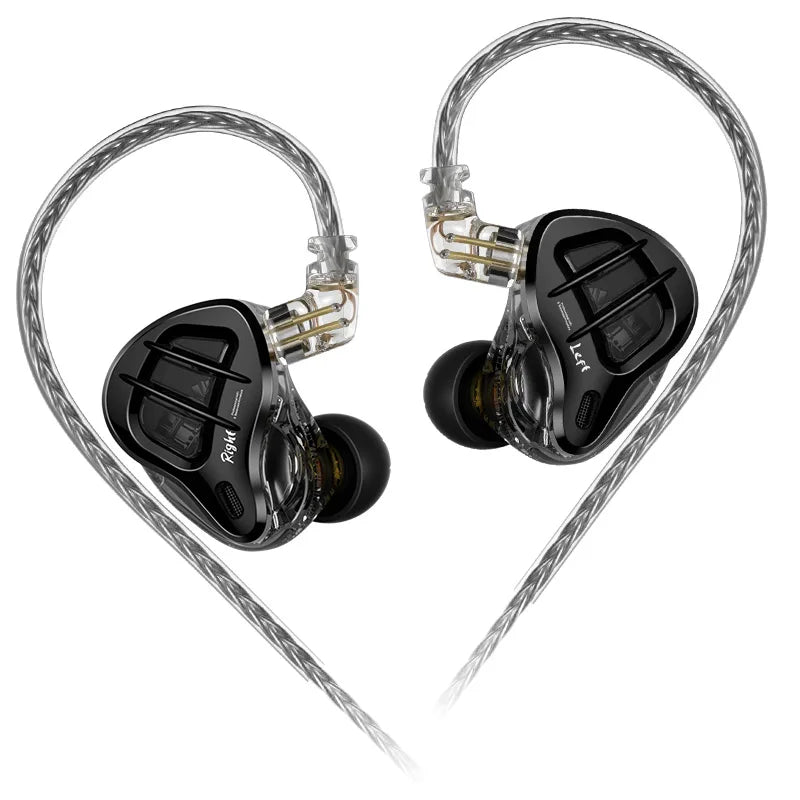 A pair of KZ ZAR Hybrid Driver in-ear monitors with detachable cables shown against a white background.