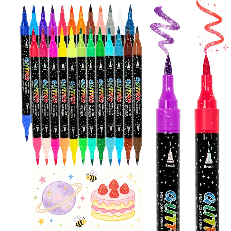 A set of 48 color dual-tip glitter brush markers in various bright colors arranged vertically.