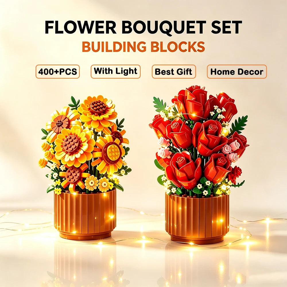 A set of building blocks shaped like red roses and yellow sunflowers used to create a flower bouquet for home decor