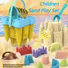 A children's sand play set featuring a yellow castle structure, blue bucket, and various sand tools like shovels and molds.