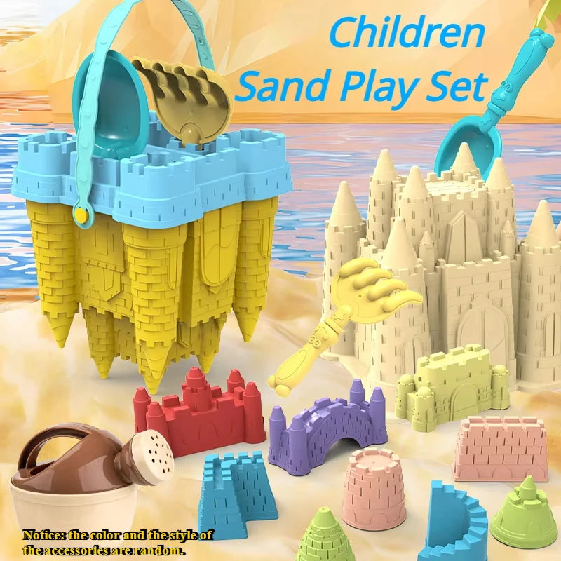 A children's sand play set featuring a yellow castle structure, blue bucket, and various sand tools like shovels and molds.