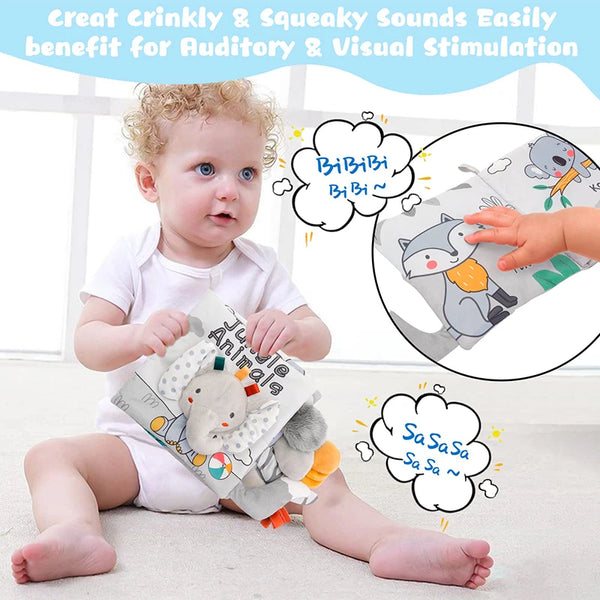 A baby is interacting with a sensory board featuring animals to create crinkly and squeaky sounds for auditory and visual sti