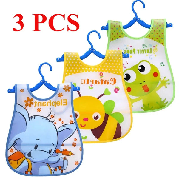 A set of three colorful cartoon animal feeding bibs for toddlers, including an elephant, a frog, and a bee.