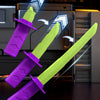A purple and neon green gravity banana katana toy is shown in a dynamic pose against a dark background.
