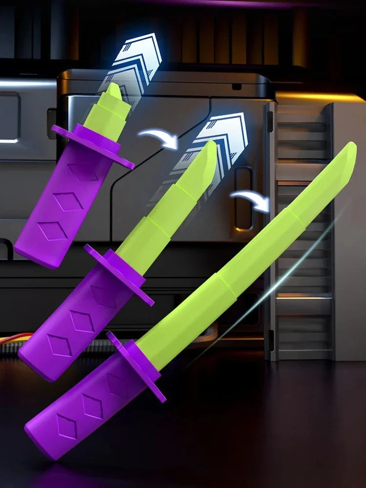 A purple and neon green gravity banana katana toy is shown in a dynamic pose against a dark background.