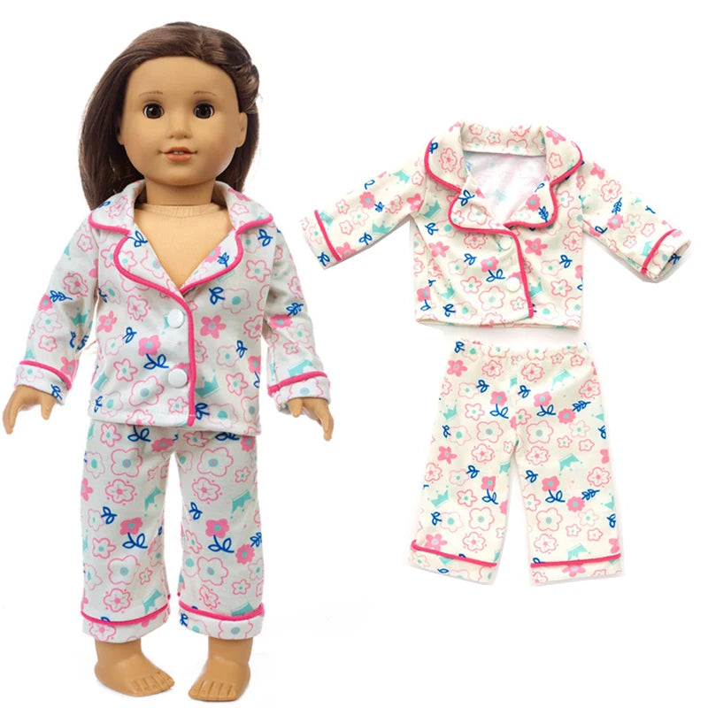 A doll outfit featuring a pink and white floral print coat and matching pants for an 18-inch doll.