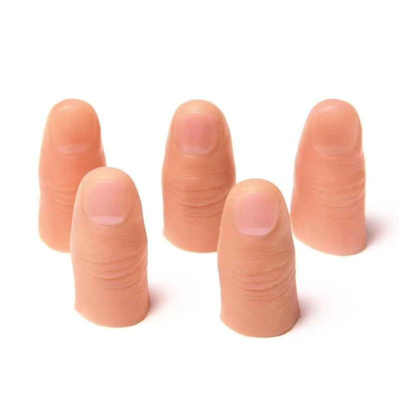 A set of realistic silicone fake thumb tips used for magic tricks, showing various shades of peach and flesh tones.