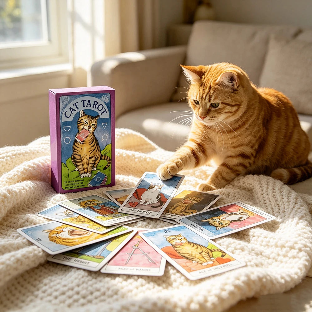 A stack of Cat Tarot cards rests on a cream blanket next to a pink box, with an orange tabby cat looking at the viewer.