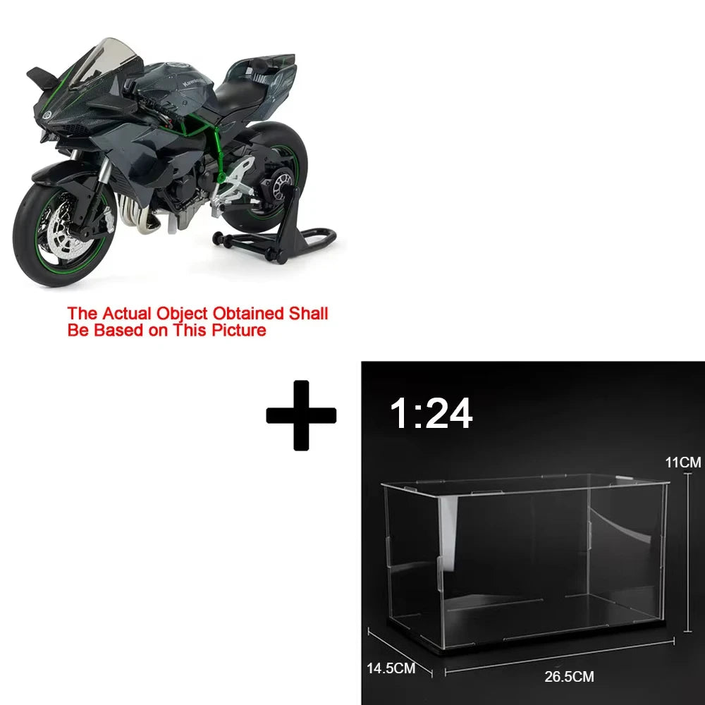 1:24 scale diecast sport motorcycle model with sound and light effects displayed in a clear box.