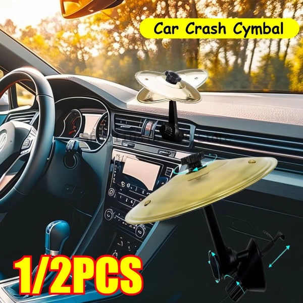 Two car crash cymbal accessories are shown installed in a car interior, near the dashboard and steering wheel.