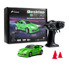A green 1:64 scale remote control drift car and its black controller are displayed next to the packaging.