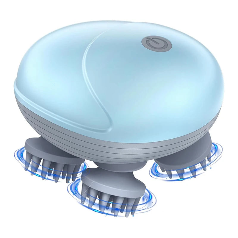 A light blue electric massager device with three rotating silicone heads for scalp and body kneading.