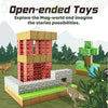 A structure built from red brick and gray stone magnetic building cubes with dinosaurs surrounding the scene.