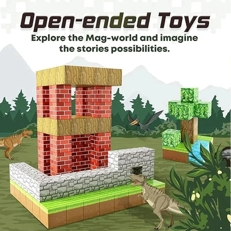 A structure built from red brick and gray stone magnetic building cubes with dinosaurs surrounding the scene.