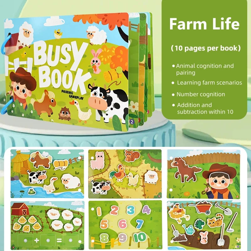 A colorful busy book for toddlers featuring animal and number learning activities.