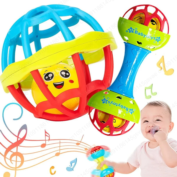 A set of two colorful baby rattles, including blue, yellow, and red, shown with a baby.