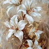 A painting of white lily flowers on a dark background with gold leaf accents.