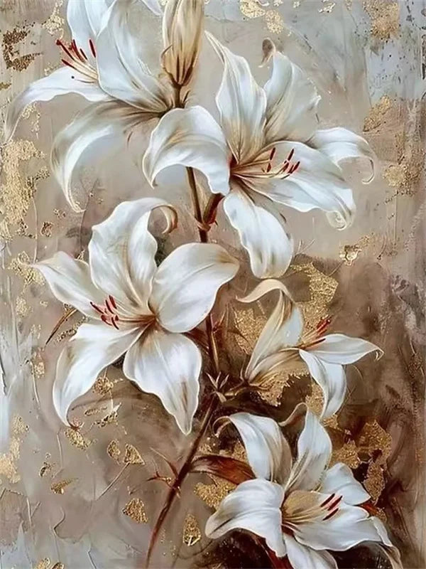 A painting of white lily flowers on a dark background with gold leaf accents.