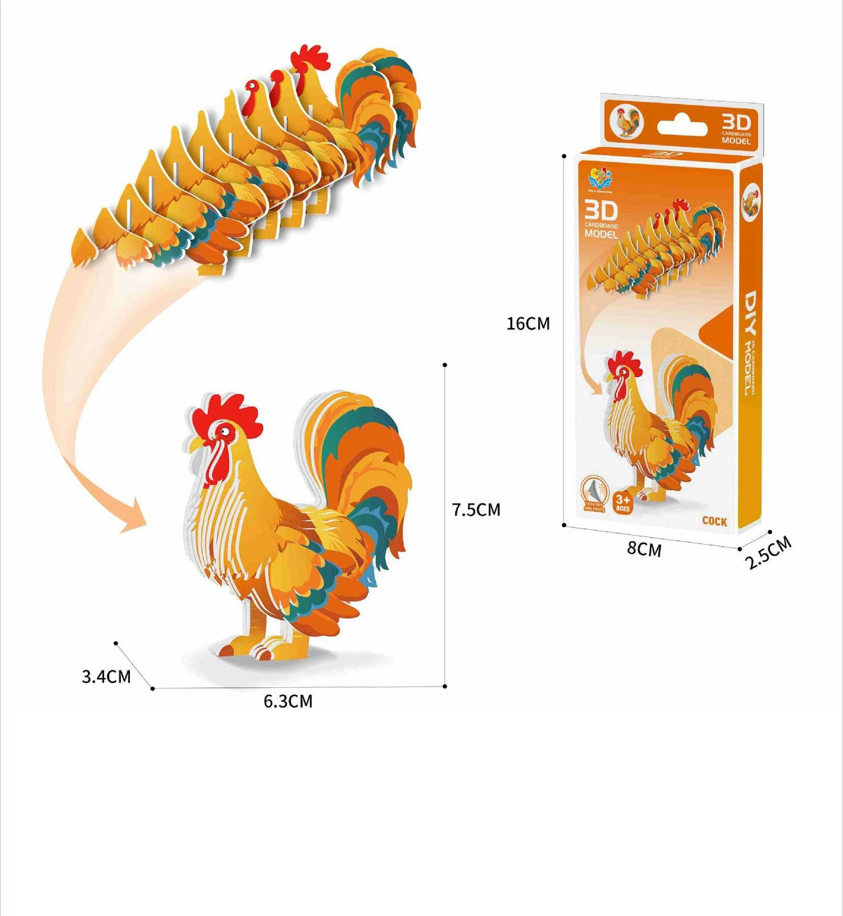 A 3D paper animal puzzle set of a rooster, featuring vibrant orange and yellow colors, shown in various forms.