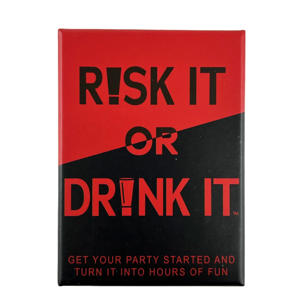 A red and black box for the Risk It or Drink It party card game.