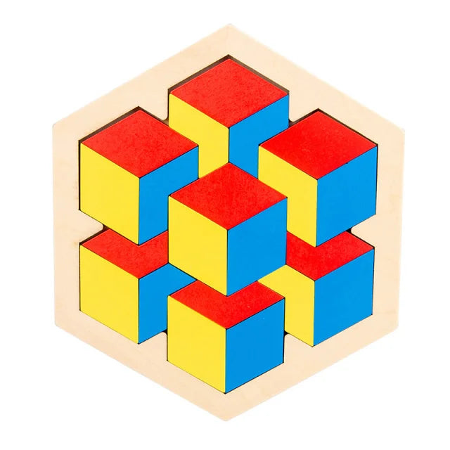 A wooden tangram puzzle board with six colored cubes arranged in a hexagonal pattern.