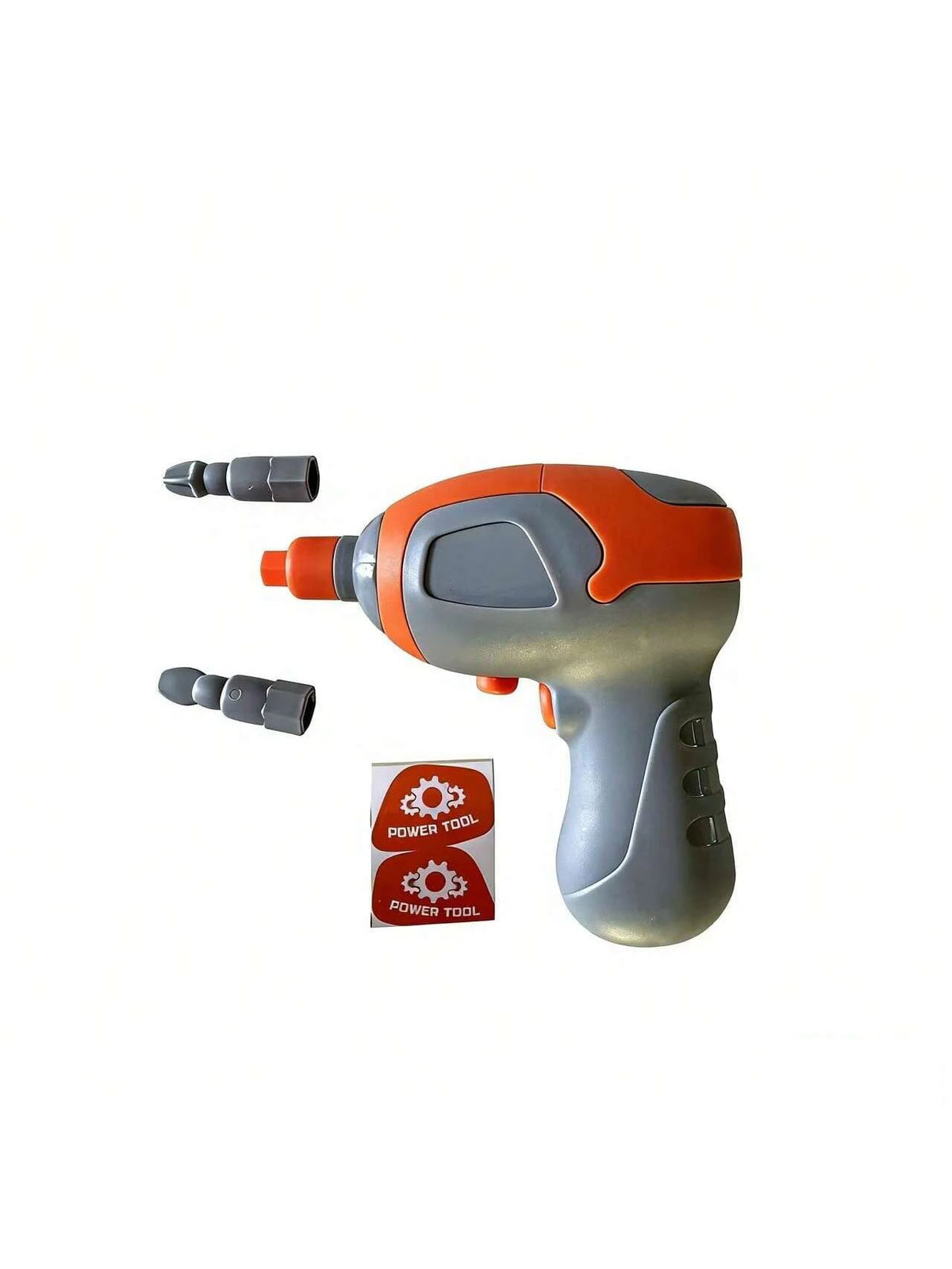 An orange and gray cordless power tool kit with drill bits and a battery, used for STEM learning.