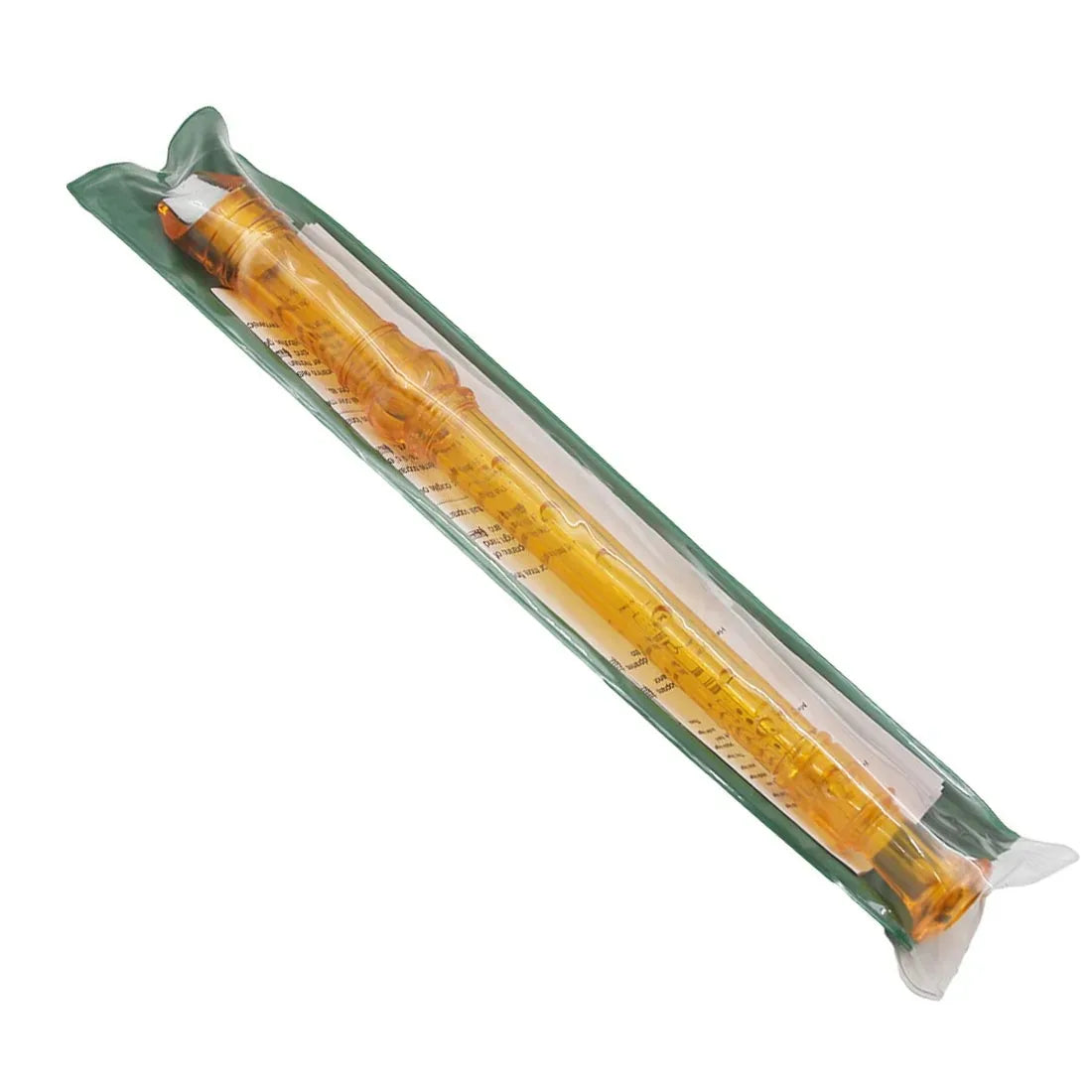 An 8-hole soprano recorder in a golden-yellow color with an attached cleaning rod.