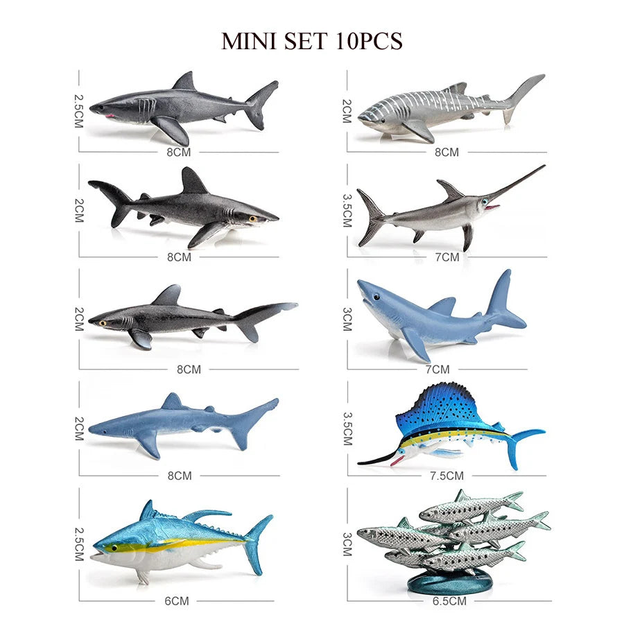 A set of 10 realistic mini ocean animal figurines including a shark, whale, dolphin, turtle, and penguin.