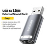 Grey USB to 3.5mm External Sound Card featuring separate mic and headphone jacks