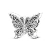 Silver charm bead shaped like a butterfly with intricate scrollwork and a central diamond detail.