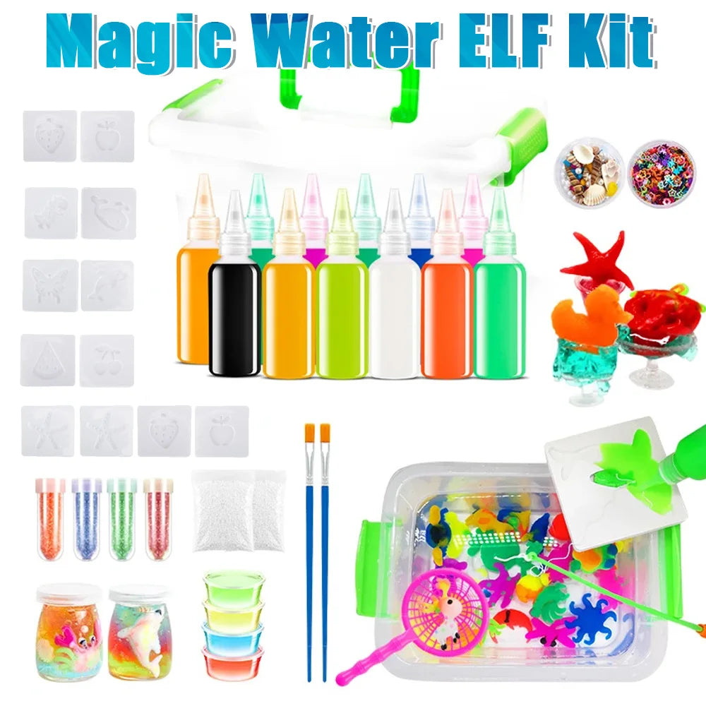 A kit for making magic water with animal beads, including bottles, beads, and a mold.