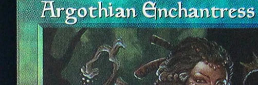 An illustration of an Argothian Enchantress character from a trading card game.