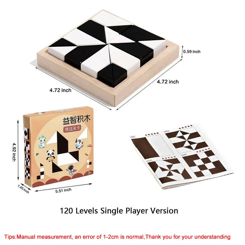 A wooden puzzle cube with black and white blocks is shown alongside its storage box and a printed challenge sheet.