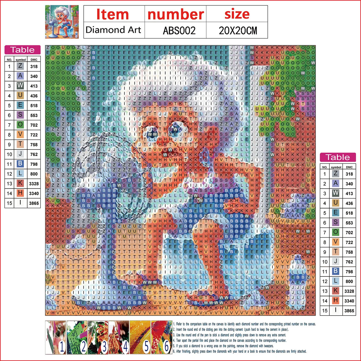 A diamond painting kit showing a portrait of an elegant woman, with numbered sections for painting.