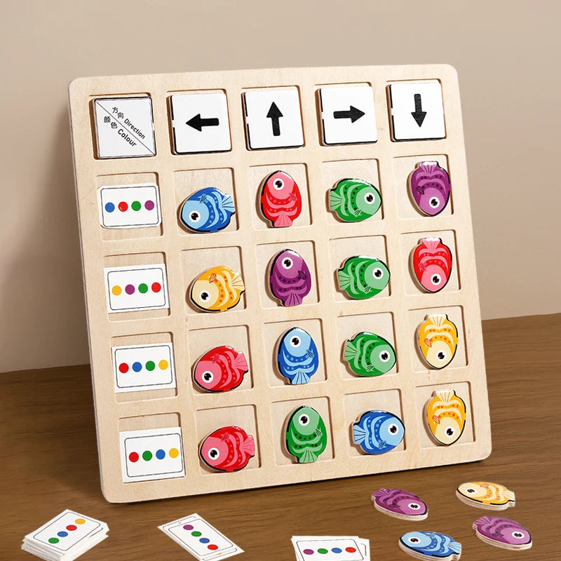 A wooden Montessori direction game featuring colored arrows and symbols for children's logical thinking.
