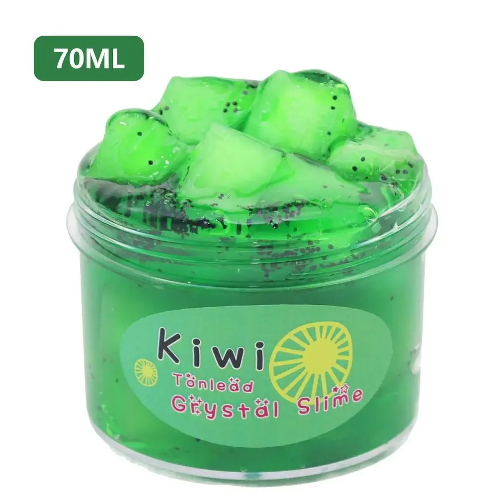 A jar of bright green kiwi slime putty with small pieces visible.