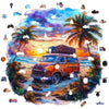An artistic jigsaw puzzle depicting a vintage orange jeep driving through a tropical landscape with palm trees.