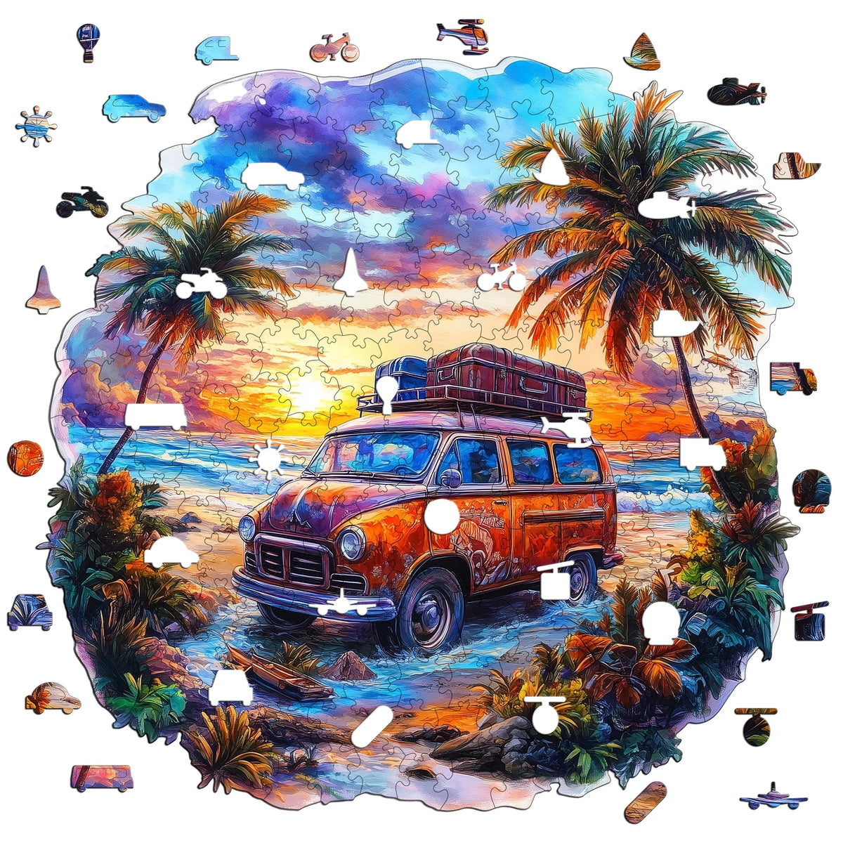 An artistic jigsaw puzzle depicting a vintage orange jeep driving through a tropical landscape with palm trees.