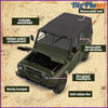 A green 1/12 scale RC rock crawler truck featuring a removable roof, foldable windshield, hidden switch compartment, and simu