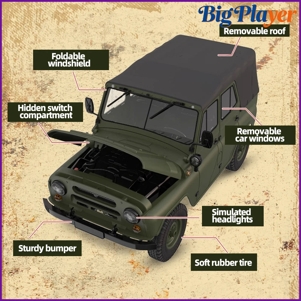 A green 1/12 scale RC rock crawler truck featuring a removable roof, foldable windshield, hidden switch compartment, and simu