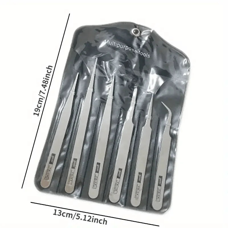 A set of six stainless steel precision tweezers with straight and bent tips packaged in a clear plastic pouch.
